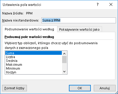 Ustawienia pola wartości – 2