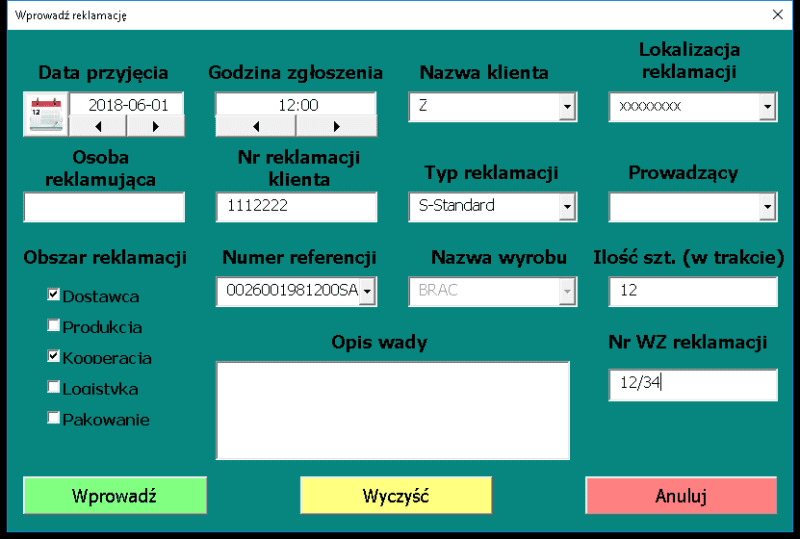 Excel - Baza reklamacji