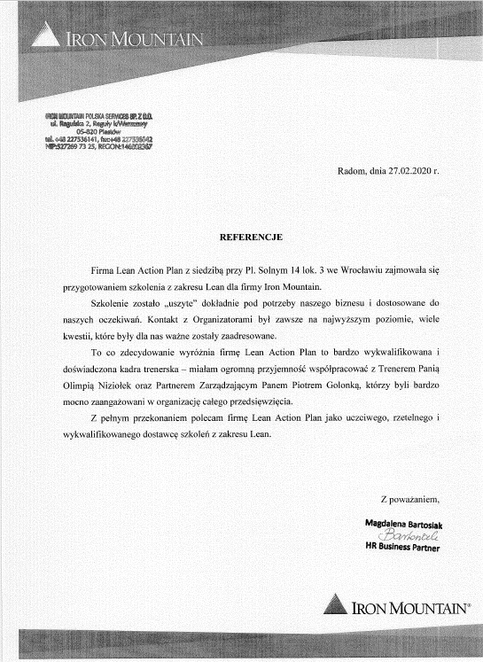 Iron Mountain - Referencje Lean Action Plan Szkolenie - 2
