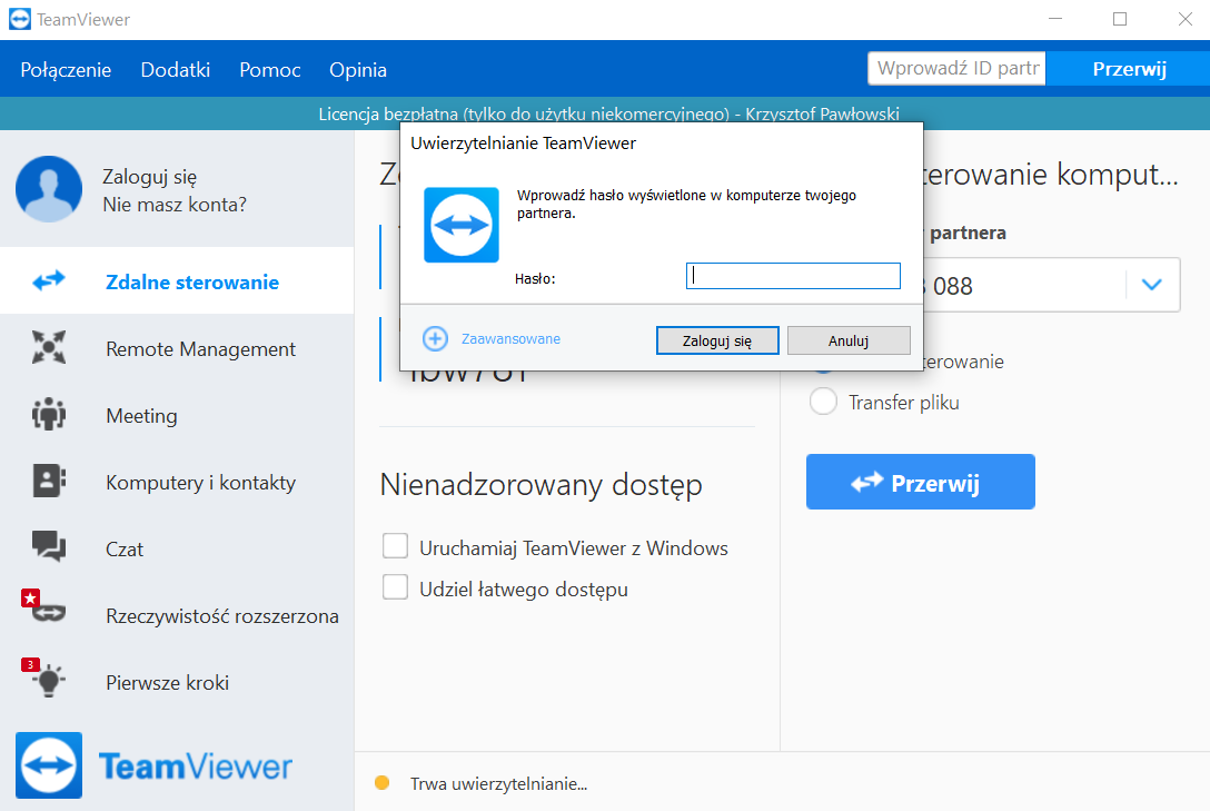 Współpraca zdalna – team viewer (wpisywanie hasła) Homeoffice, Współpraca zdalna - team viewer (wpisywanie hasła)