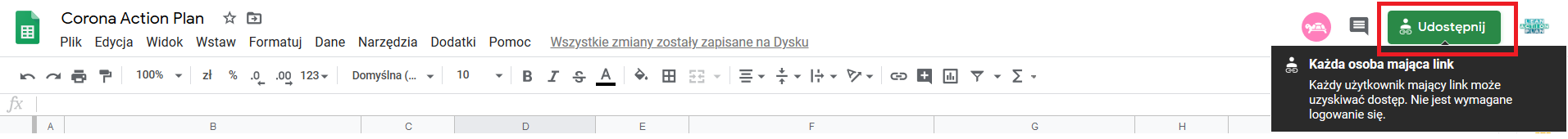 Współpraca zdalna – google (udostępnianie pliku) Homeoffice, Współpraca zdalna - arkusze google (udostępnianie pliku)