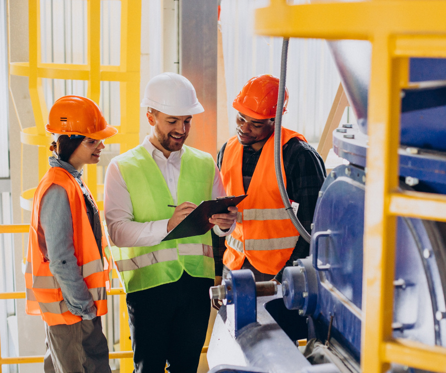Pracownicy produkcji wymieniają się spostrzeżeniami