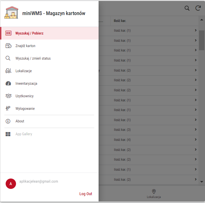 MiniWMS - widok na menu